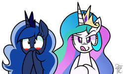 Size: 1133x686 | Tagged: safe, artist:php92, princess celestia, princess luna, alicorn, pony, :t, bedroom eyes, blushing, licking lips, nose wrinkle, raised eyebrow, reaction image, simple background, smiling, smirk, surprised, tongue out, varying degrees of want, wide eyes