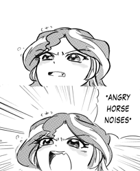 Size: 835x1024 | Tagged: safe, artist:nayaasebeleguii, sunset shimmer, equestria girls, angry horse noises, cropped, cute, cute little fangs, descriptive noise, fangs, horse noises, humans doing horse things, manga, meme, monochrome, shimmerbetes, touhou