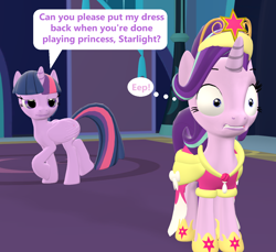 Size: 1178x1080 | Tagged: safe, artist:red4567, starlight glimmer, twilight sparkle, twilight sparkle (alicorn), alicorn, pony, unicorn, 3d, big crown thingy, caught, clothes, coronation dress, dress, jewelry, regalia, source filmmaker