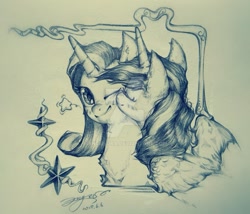 Size: 1023x877 | Tagged: safe, artist:angusdra, starlight glimmer, twilight sparkle, twilight sparkle (alicorn), alicorn, unicorn, blushing, eyes closed, female, grayscale, kiss on the cheek, kissing, lesbian, mare, monochrome, one eye closed, pencil drawing, shipping, simple background, solo, traditional art, twistarlight, watermark, white background