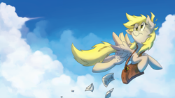 Size: 9000x5065 | Tagged: safe, artist:anticular, artist:fritzybeat, derpy hooves, pegasus, pony, absurd resolution, female, flying, letter, mail, mailbag, mailpony, mare, smiling, solo