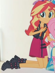 Size: 1025x1358 | Tagged: safe, fluttershy, rarity, sunset shimmer, better together, equestria girls, boots, cardboard cutout, clothes, cropped, geode of empathy, geode of shielding, high heel boots, jacket, looking at you, magical geodes, offscreen character, shoes, skirt, smiling