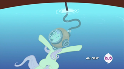 Size: 1440x810 | Tagged: safe, screencap, fluttershy, pegasus, pony, filli vanilli, happy, helmet, hub logo, singing, solo, underwater, watershy