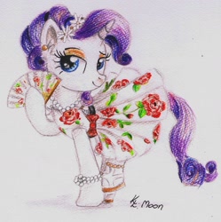 Size: 1024x1029 | Tagged: safe, artist:moonlight-ki, rarity, pony, unicorn, alternate hairstyle, clothes, dress, fan, solo, traditional art