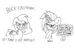 Size: 3260x2113 | Tagged: safe, artist:dragonboi471, derpy hooves, dj pon-3, vinyl scratch, pegasus, pony, derpygate, drama bait, female, mare, middle feather, middle finger, monochrome, op is a cuck, op is trying to start shit, sign, vulgar, wing hands