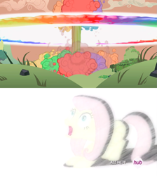 Size: 951x1060 | Tagged: safe, screencap, fluttershy, pegasus, pony, filli vanilli, lesson zero, atomic rainboom, explosion, hub logo