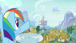 Size: 1280x720 | Tagged: safe, derpibooru import, screencap, rainbow dash, pegasus, pony, tanks for the memories, cloudsdale, female, mare, pointing, ponyville, solo focus, twilight's castle