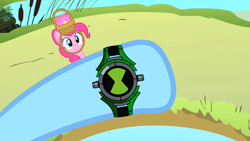 Size: 1280x720 | Tagged: safe, derpibooru import, edit, edited screencap, screencap, pinkie pie, rainbow dash, earth pony, pegasus, pony, party of one, ben 10, ben 10 alien force, female, mare, omnitrix, watch