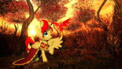 Size: 1920x1080 | Tagged: safe, artist:powdan, philomena, sunset shimmer, alicorn, phoenix, pony, 3d, alicornified, autumn, clothes, dress, female, gmod, mare, race swap, red, shimmercorn, sunset shimmer day, tree, yellow