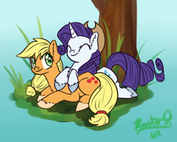 Size: 500x400 | Tagged: safe, artist:rastaquouere69, applejack, rarity, earth pony, pony, unicorn, accessory swap, cowboy hat, eyes closed, female, hat, hooves, lesbian, prone, rarijack, shipping, smiling, stetson, tree, unshorn fetlocks