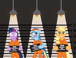 Size: 2160x1669 | Tagged: safe, artist:spellboundcanvas, derpibooru import, applejack, rainbow dash, twilight sparkle, earth pony, pegasus, pony, clothes, mugshot, prison, prison outfit, prisoner aj, prisoner rd, prisoner ts