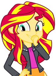 Size: 506x678 | Tagged: safe, artist:fella, edit, edited screencap, screencap, sunset shimmer, equestria girls, rainbow rocks, clothes, cute, female, giggling, hand on hip, jacket, leather jacket, not a vector, shimmerbetes, simple background, smiling, solo, transparent background