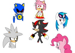 Size: 1878x1329 | Tagged: safe, artist:megaartist923, dj pon-3, pinkie pie, vinyl scratch, earth pony, pony, unicorn, amy rose, crossover, metal sonic, shadow the hedgehog, silver the hedgehog, simple background, sonic the hedgehog (series), white background