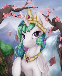 Size: 2731x3351 | Tagged: safe, artist:sceathlet, princess celestia, alicorn, pony, bust, portrait, raised hoof, solo, waterfall