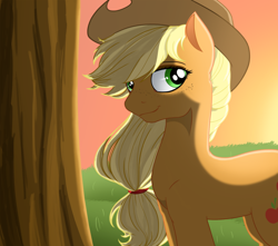 Size: 900x794 | Tagged: safe, artist:u1fric, applejack, earth pony, pony, dark, solo, sunset, tree