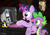 Size: 1237x863 | Tagged: safe, artist:flutterthrash, derpibooru import, owlowiscious, spike, twilight sparkle, unicorn twilight, dragon, owl, penguin, pony, unicorn, arch linux, book, computer, crt monitor, debian, frown, keyboard, linux, magic, monitor, open mouth, raised eyebrow, slackware, smiling, smirk, terminal, tux