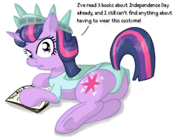 Size: 642x500 | Tagged: safe, artist:kwaken, derpibooru import, twilight sparkle, pony, unicorn, book, clothes, female, lady liberty, looking at you, looking back, looking back at you, mare, panties, plot, solo, underwear