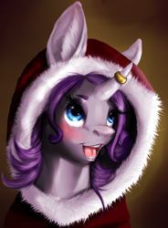 Size: 786x1068 | Tagged: safe, artist:bruised, rarity, pony, unicorn, blushing, bust, clothes, curved horn, horn ring, portrait, solo