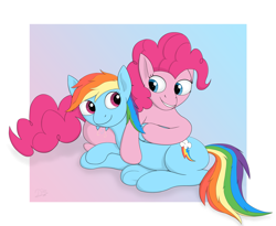 Size: 3585x2941 | Tagged: safe, artist:davinciwolf, derpibooru import, pinkie pie, rainbow dash, earth pony, pegasus, pony, female, implied lesbian, implied pinkiedash, implied shipping, mare, smiling