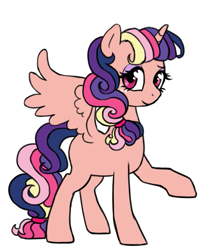 Size: 569x682 | Tagged: safe, artist:pikokko, derpibooru import, applejack, fluttershy, pinkie pie, rainbow dash, rarity, twilight sparkle, twilight sparkle (alicorn), alicorn, earth pony, pony, appleflaritwidashpie, blank flank, female, fusion, mane six, mare, simple background, solo, white background