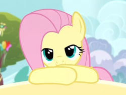 Size: 850x640 | Tagged: safe, screencap, fluttershy, pegasus, pony, filli vanilli, balloon, bridge, lidded eyes, observer, solo