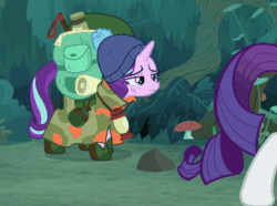 Size: 662x493 | Tagged: safe, screencap, rarity, starlight glimmer, pony, unicorn, the mean 6, animated, backpack, bag, boots, camping outfit, clothes, eyes closed, falling, frown, hat, lamp, lidded eyes, parka, prone, shoes, solo focus, tired, tripping, walking, wide eyes