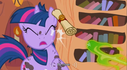 Size: 640x355 | Tagged: safe, derpibooru import, screencap, twilight sparkle, it's about time, dirty, youtube caption