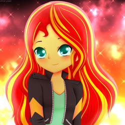 Size: 900x900 | Tagged: safe, artist:electricshine, sunset shimmer, equestria girls, adorable face, beautiful, clothes, cute, female, kpopjunkie is trying to murder us, long hair, looking at you, shimmerbetes, smiling, solo