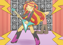 Size: 1512x1075 | Tagged: safe, artist:howxu, sunset shimmer, oc, oc:generic messy hair anime anon, equestria girls, clothes, commission, cute, electric guitar, eyes closed, guitar, headphones, jacket, leather jacket, loud, pants, rocking out, shimmerbetes, skirt, solo, speakers, sunset shredder