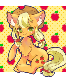 Size: 600x700 | Tagged: safe, artist:tsukuda, applejack, cat, earth pony, pony, :3, alternate hairstyle, chest fluff, cute, pixiv, solo