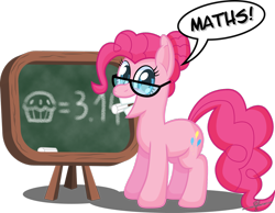 Size: 1280x992 | Tagged: safe, artist:gray--day, pinkie pie, earth pony, pony, chalk, chalkboard, dialogue, glasses, math, mathematical anti-telharsic harfatum septomin, mouth hold, pi day, pinkie pi, smiling, solo, speech bubble