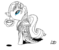 Size: 1594x1358 | Tagged: safe, artist:lyratriestodraw, rarity, pony, unicorn, clothes, dress, drink, ear piercing, earring, grayscale, heart eyes, jewelry, looking at something, magic, monochrome, partial color, piercing, simple background, solo, telekinesis, white background, wingding eyes