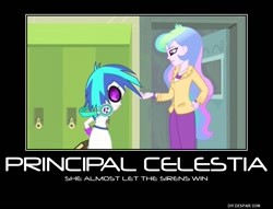 Size: 750x574 | Tagged: safe, screencap, dj pon-3, princess celestia, principal celestia, vinyl scratch, equestria girls, music to my ears, rainbow rocks, book, celestia hate, demotivational poster, equestria girls drama, headphones, meme, op is a cuck, op is trying to start shit