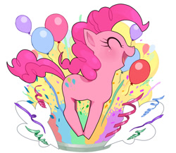 Size: 575x500 | Tagged: safe, artist:moudoku, pinkie pie, earth pony, pony, balloon, confetti, cute, diapinkes, eyes closed, open mouth, pixiv, solo, streamers