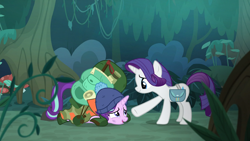 Size: 1920x1080 | Tagged: safe, screencap, rarity, starlight glimmer, pony, unicorn, the mean 6, backpack, bag, boots, camping outfit, clothes, everfree forest, frown, hat, helping, lamp, parka, prone, shoes, tired, tripping