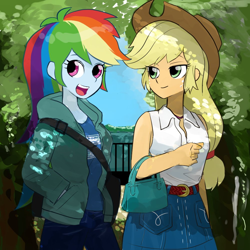 Size: 1000x1000 | Tagged: safe, artist:bojack_mlplove, derpibooru import, applejack, rainbow dash, equestria girls, applejack's hat, belt, clothes, cowboy hat, denim skirt, female, freckles, hat, implied appledash, implied lesbian, implied shipping, jacket, jeans, pants, purse, skirt, stetson