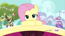 Size: 1920x1080 | Tagged: safe, screencap, fluttershy, pegasus, pony, filli vanilli, bridge, cute, hub logo, leaning, lidded eyes, looking at you, observer, smiling, solo