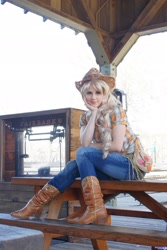 Size: 1366x2048 | Tagged: safe, artist:rose0fmay, applejack, human, clothes, cosplay, irl, irl human, jeans, photo, sitting, solo