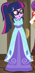 Size: 380x785 | Tagged: safe, screencap, sci-twi, sunset shimmer, twilight sparkle, equestria girls, movie magic, spoiler:eqg specials, beautiful, clothes, cropped, dress, female, glasses, hands behind back, india movie set, open mouth, solo focus