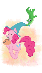 Size: 945x1641 | Tagged: safe, artist:bitter-knitter, gummy, pinkie pie, earth pony, pony, bouncing, eyes closed, halloween, hat, jumping, pronking, pumpkin, pumpkin bucket, witch hat