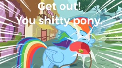 Size: 1280x720 | Tagged: safe, derpibooru import, edit, edited screencap, screencap, rainbow dash, pegasus, pony, the mysterious mare do well, abuse, background pony strikes again, dashabuse, downvote bait, offscreen character, op is a cuck, op is trying to start shit, op is trying to start shit so badly that it's kinda funny, vulgar