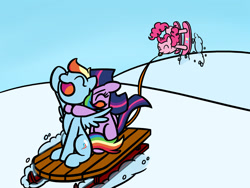 Size: 1280x960 | Tagged: safe, artist:flutterluv, derpibooru import, pinkie pie, rainbow dash, twilight sparkle, twilight sparkle (alicorn), alicorn, earth pony, pegasus, pony, clothes, female, mare, scarf, skiing, sled, snow, winter