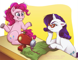 Size: 750x586 | Tagged: safe, artist:trojan-rabbit, pinkie pie, rarity, earth pony, pony, unicorn, funny, glasses, how the grinch stole christmas, sewing, sewing machine, table, unamused, working