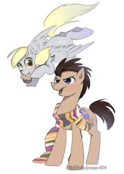 Size: 584x816 | Tagged: safe, artist:akivia-jones-404, derpy hooves, doctor whooves, pony, slice of life (episode), clothes, male, muffin, scarf, stallion