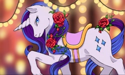 Size: 512x308 | Tagged: safe, artist:ckittyk, rarity, horse, pony, unicorn, carousel, flower, lights, rose, saddle