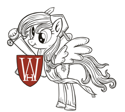 Size: 1280x1140 | Tagged: safe, derpy hooves, pegasus, pony, comic:warhorse, female, fun, logo, mare, parody, scrunchy face, shield, solo, weapon