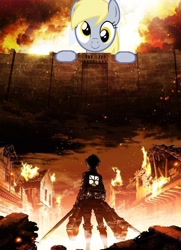 Size: 524x724 | Tagged: safe, derpy hooves, pegasus, pony, do princesses dream of magic sheep, anime, attack on titan, derpysaur, eren jaeger, female, mare, meme, parody