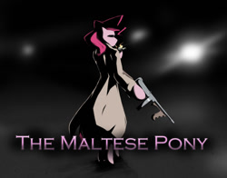 Size: 900x707 | Tagged: safe, artist:paradoxicalreaction, pinkie pie, pony, bipedal, drum magazine, gun, pipe, solo, submachinegun, the maltese falcon, tommy gun