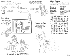 Size: 3000x2332 | Tagged: safe, artist:rapidstrike, derpy hooves, pinkie pie, oc, oc:anon, oc:gloomy, oc:marker pony, human, activity book, apple, boop, female, food, lineart, male, maze, vulgar, word search