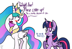 Size: 1758x1194 | Tagged: safe, artist:php92, princess celestia, twilight sparkle, twilight sparkle (alicorn), alicorn, pony, blushing, confused, dialogue, female, frown, implied nudity, jewelry, lewd, mare, nudity, open mouth, raised hoof, regalia, simple background, we don't normally wear clothes, white background, wide eyes, worried